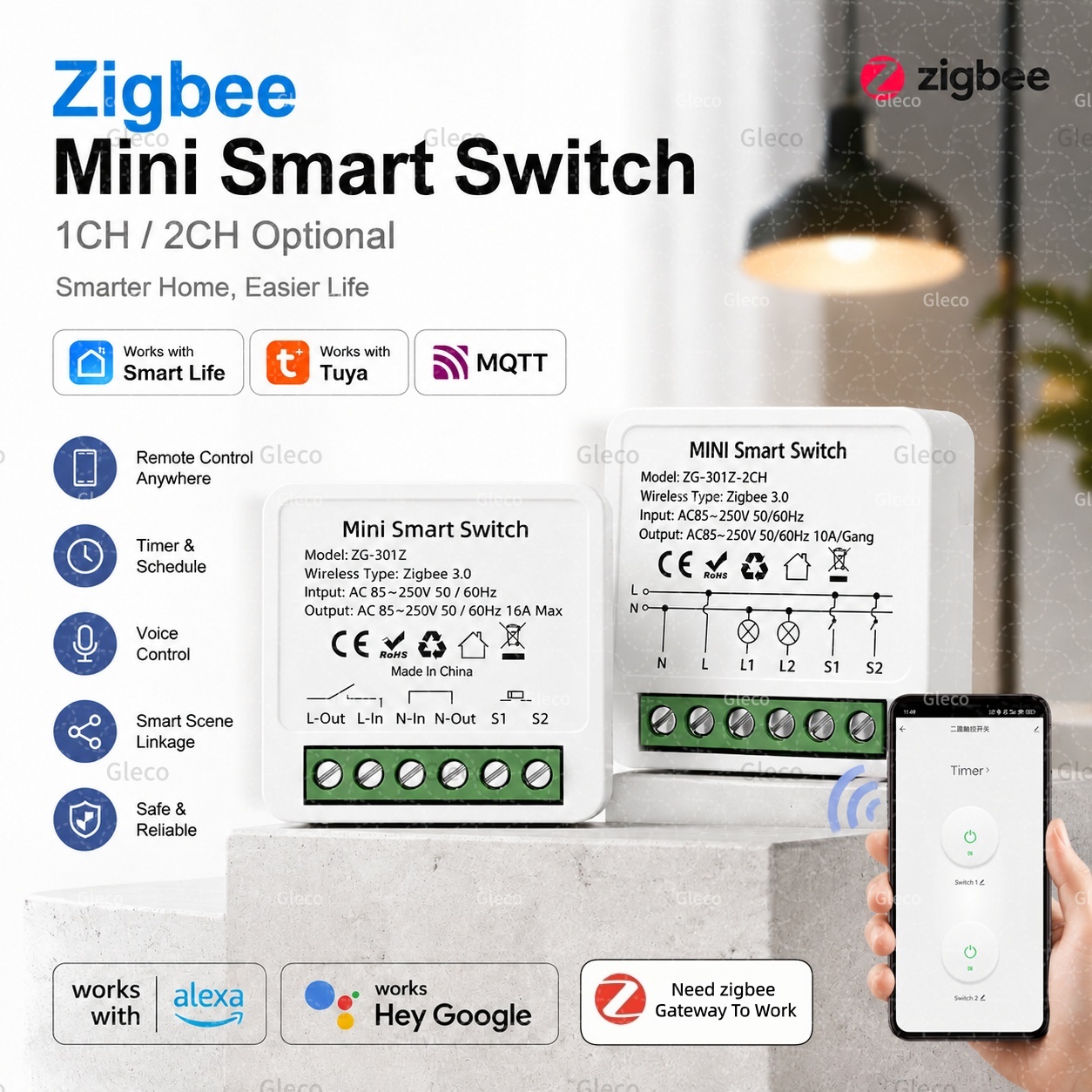 Smart Home Zigbee Gateway - สวิตช์อัจฉริยะ Zigbee Tuya Smart Life 10A/16A
