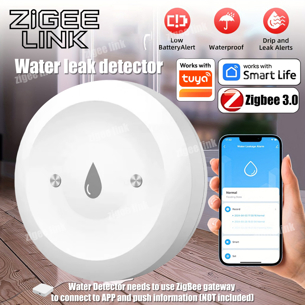 Zigbee Gateway - เซ็นเซอร์น้ำ ZigBee 3.0 เครื่องตรวจจับการรั่วไหลของน้ำอัจฉริยะ เครื่องตรวจจับน้ำรั่วไหล ทำงานร่วมกับเกตเวย์