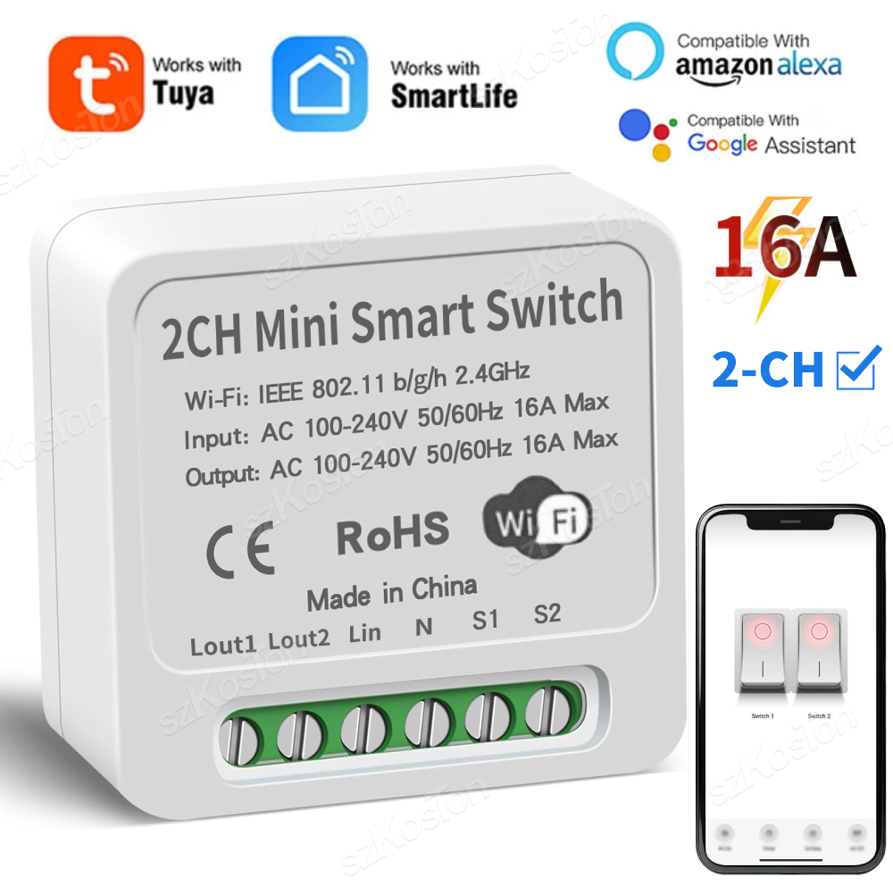 Smart Home Tuya - 16A Tuya WiFi สมาร์ทโมดูลสวิทช์สมาร์ท 2CH MiNi