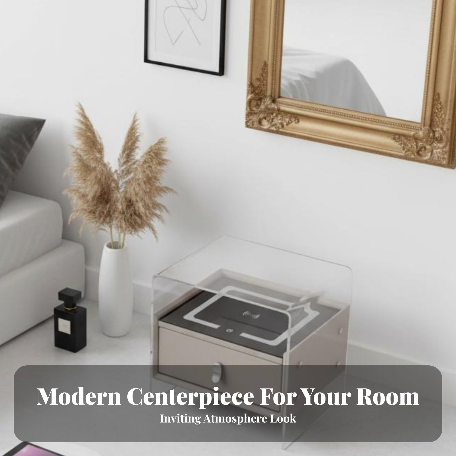 Smart Home Interior - โต๊ะข้างเตียงอัจฉริยะแบบโปร่งใสพร้อมที่ชาร์จไร้สาย ดีไซน์ทันสมัย เหมาะสำหรับผู้อยู่อาศัยและนักตกแต่งภายใน