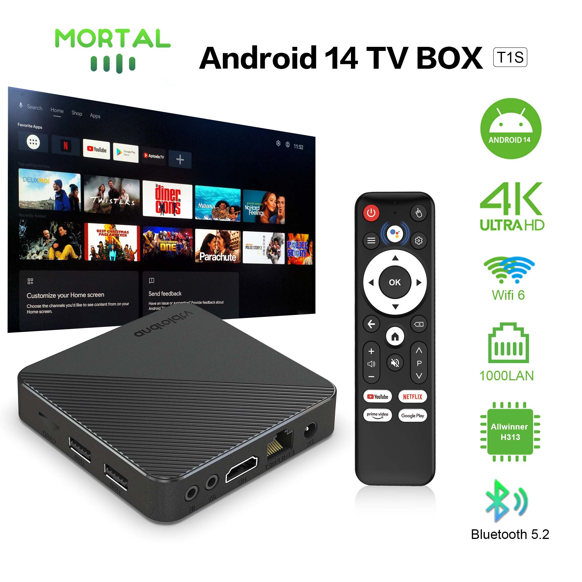 Smart Home Midea - กล่องทีวีโฮมเธียเตอร์อัจฉริยะ Android14 T1S AllwinnerH313 ชิป Quad