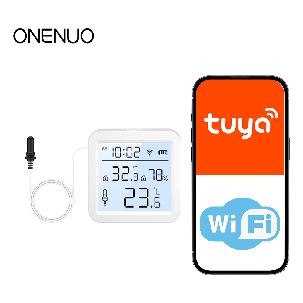 Smart Home Tuya - เซ็นเซอร์วัดอุณหภูมิและความชื้นแบบ WiFi พร้อมหัววัดภายนอก ใช้ได้ทั้งภายใน/ภายนอกอาคาร เทอร์โมมิเตอร์อัจฉริยะ Tuya